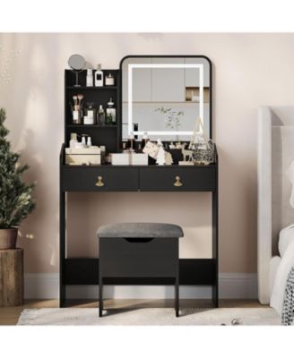 Vanity Desk LED Light Mirror and Charging Station Small Makeup Vanities Set for Bedrooms, Apartments, Easy to Assemble