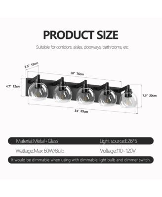 Bathroom Light Fixtures Over Mirror 5-Lights Vanity Light with Clear Globe Glass Shade Black Wall Sconce Vanity Lighting (Bulbs Not Included