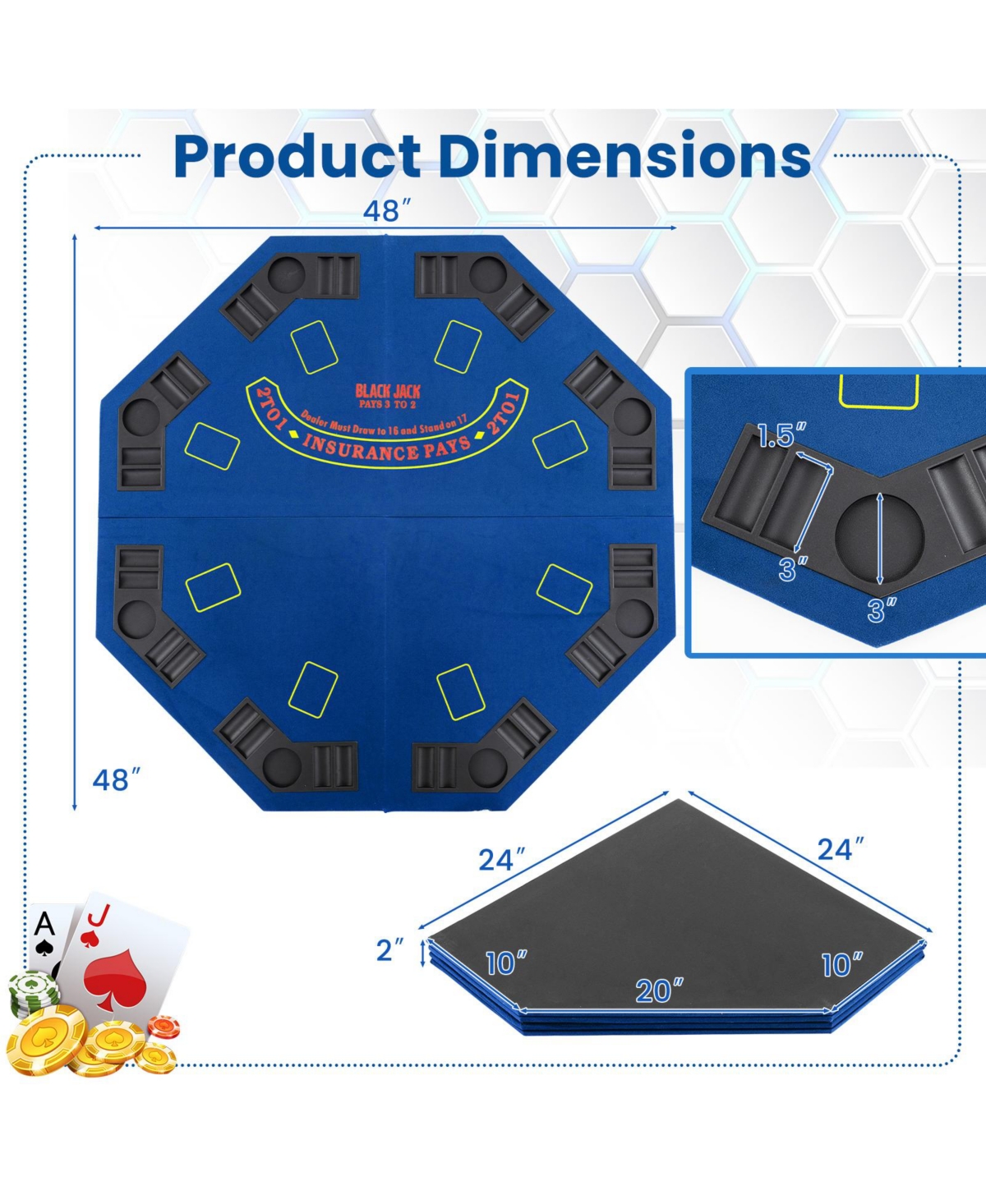 Hongge Foldable 8 Player Poker Table Top with Cup Holders and Chip Trays