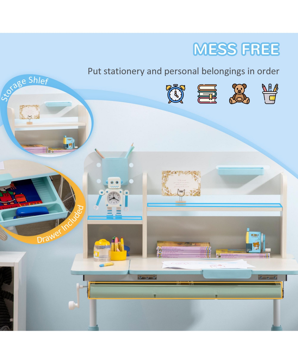 Hongge Kids Adjustable Study Desk with Tilt Top Storage Design for Ages Three to Twelve