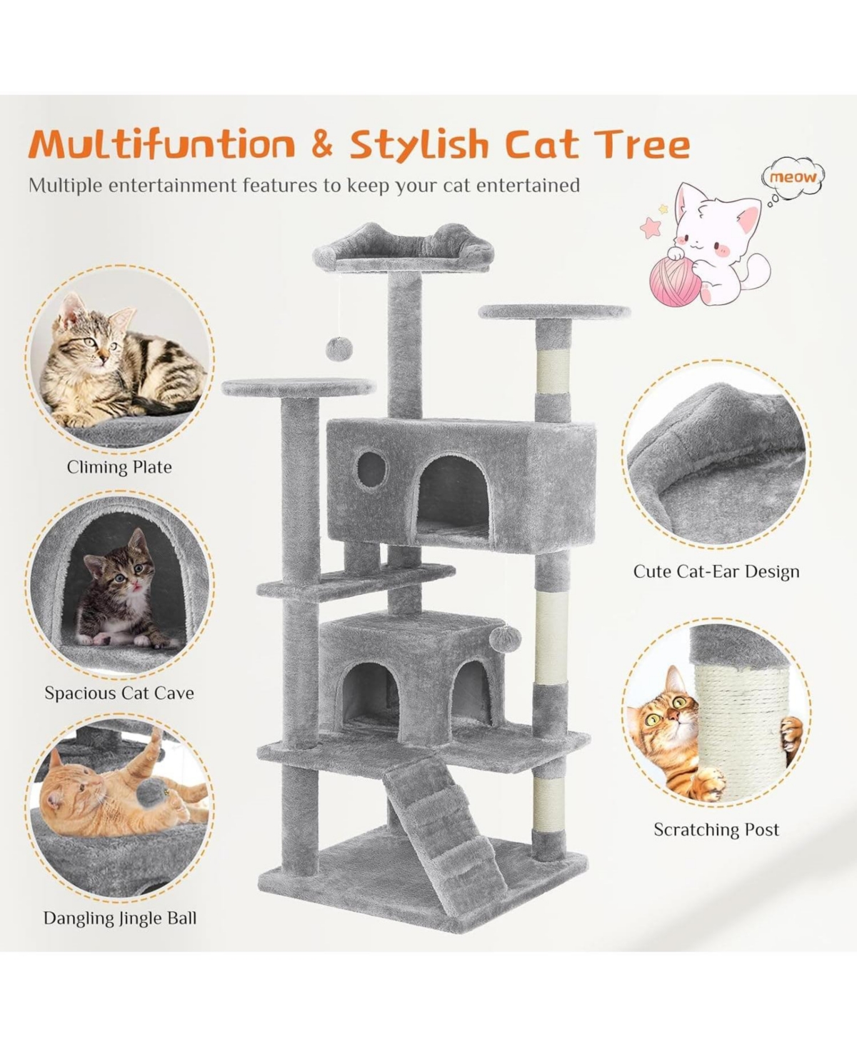 Zeus & Ruta 54" Light Grey Cat Tree Tower: Multi-Level, Sisal Post, Ladder, Plush Toys, Rest & Play