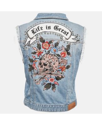 Women's Blue Embroidered Denim Sleeveless Kio Brode Jacket