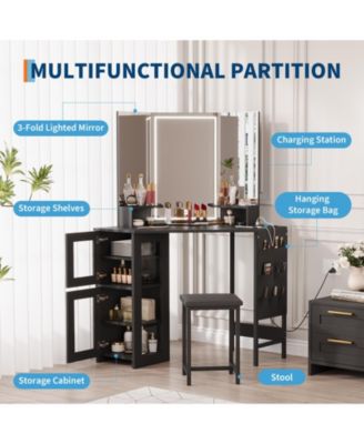 Corner Vanity Desk LED Lighted Mirror Charging Station and Storage Cabinet for Bedrooms, Apartments, Easy to Assemble
