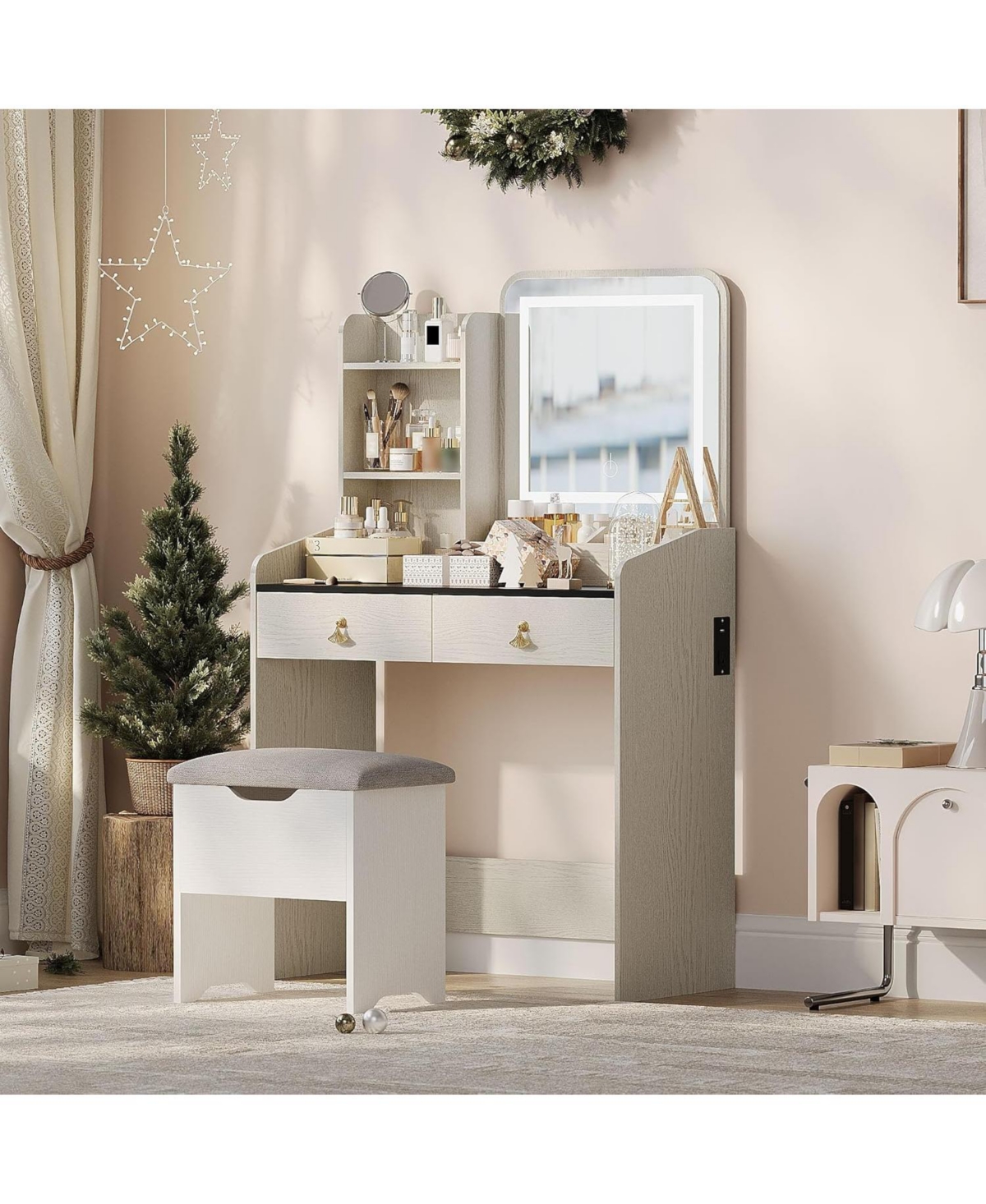 Gaomon Vanity Desk Mirror Lights and Charging Station Modern Vanity Set for Bedrooms, Apartments, Easy to Assemble