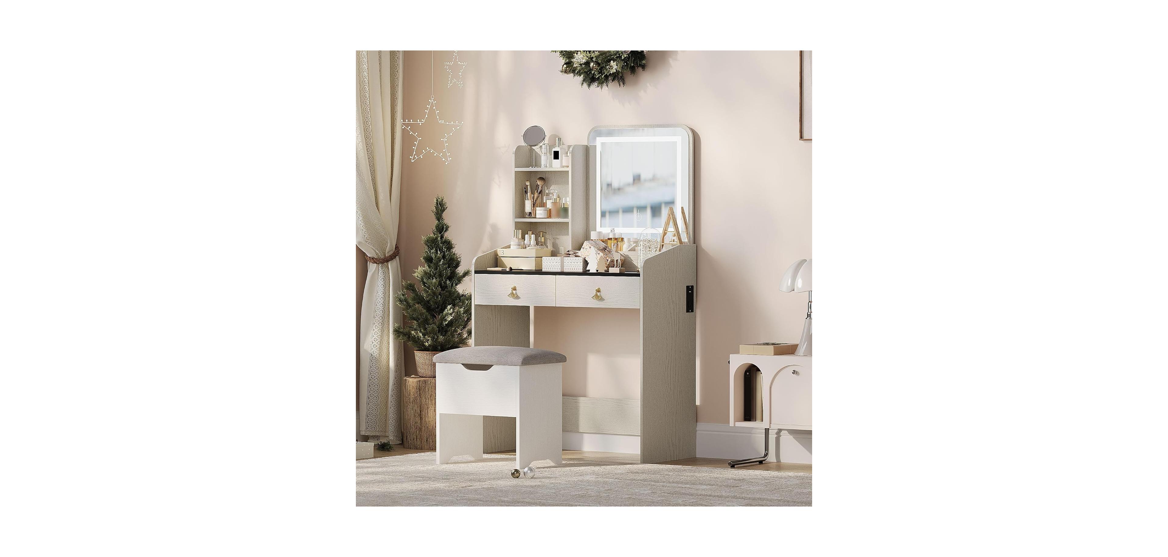 Gaomon Vanity Desk Mirror Lights and Charging Station Modern Vanity Set for Bedrooms, Apartments, Easy to Assemble