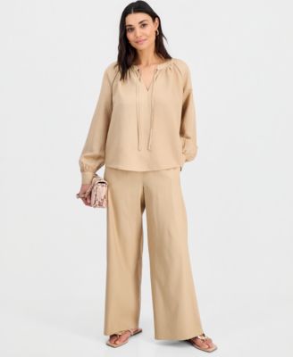 Petite Split-Neck Blouson-Sleeve Blouse