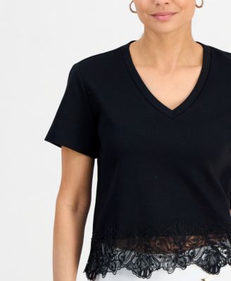 Petite Lace-Hem V-Neck Tee