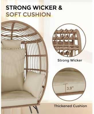 Patio Egg Chair Outdoor with Ottoman - Wicker Egg Chair Oversized Patio Lounge Chairs with Cushions, Metal Frame Stand, for Balcony, Patio