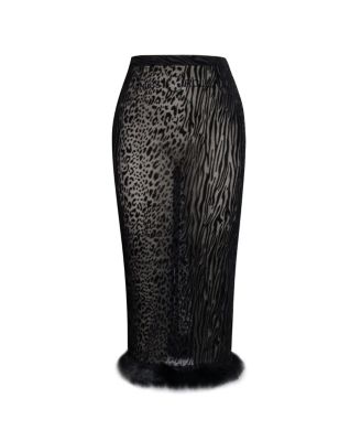 Women's Halia Black Animal Print Burnout Velvet Fur Trim Skirt