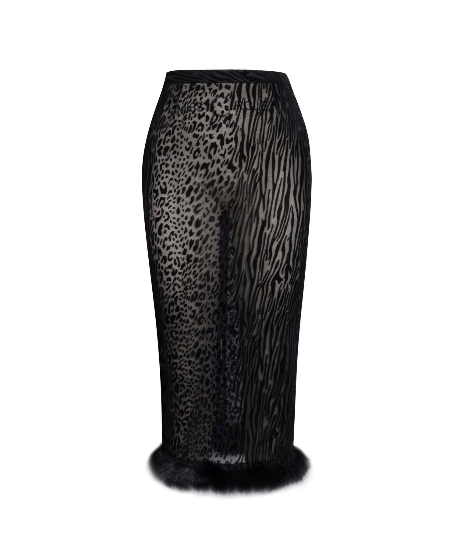 Women's Halia Black Animal Print Burnout Velvet Faux Fur Trim Skirt