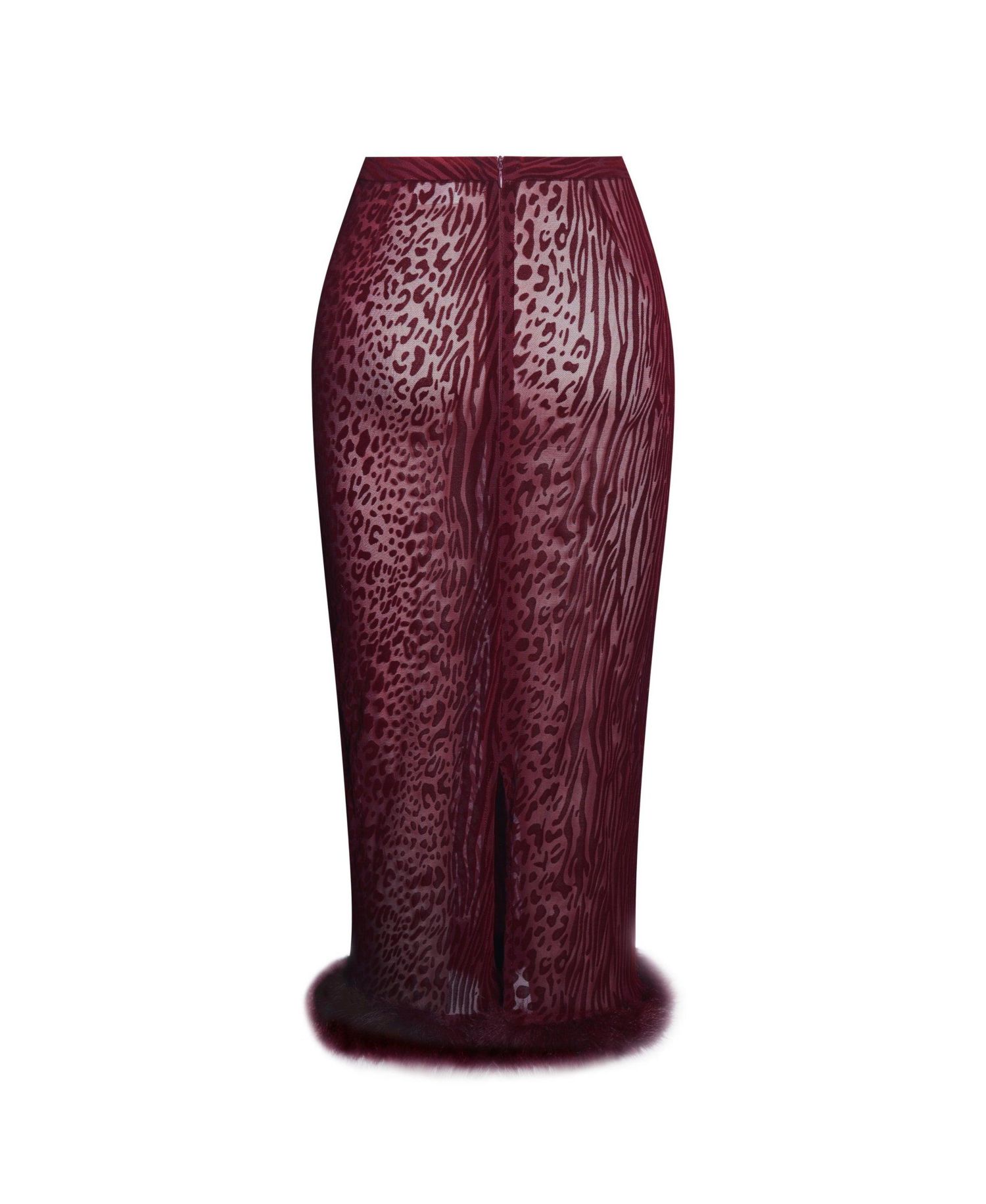 Women's Halia Burgundy Animal Print Burnout Velvet Faux Fur Trim Skirt