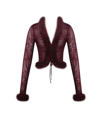 Women's Hali Burgundy Animal Print Burnout Velvet Fur Trim Top