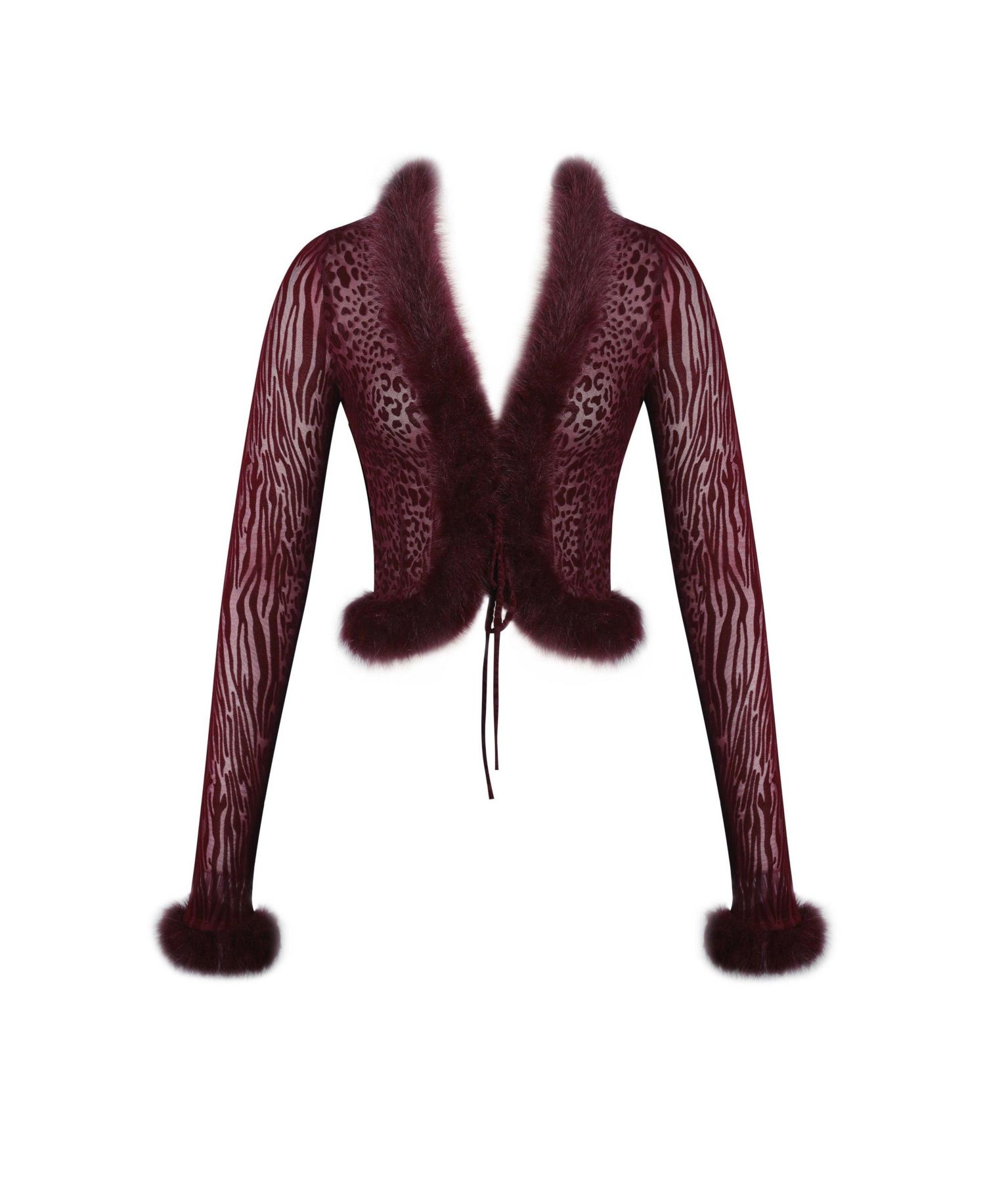 Women's Hali Burgundy Animal Print Burnout Velvet Fur Trim Top