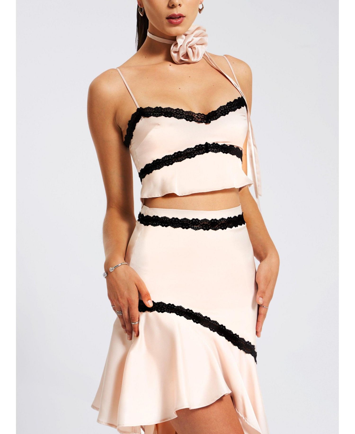 Women's Yahvi Beige Lace Trim Satin Skirt
