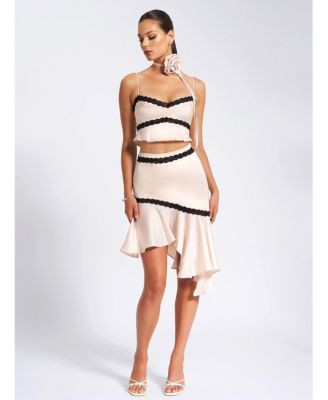 Women's Yareli Beige Lace Trim Satin Strappy Top