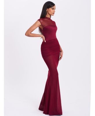 Women's Fabienne Burgundy Mesh Cap Sleeve Mermaid Gown