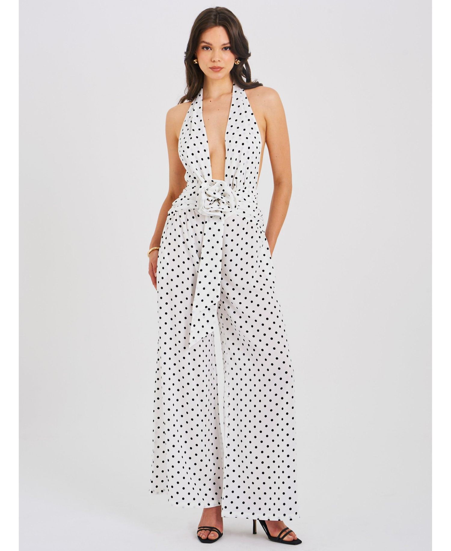 Women's Oriana White Polka Dots Halter Jumpsuit
