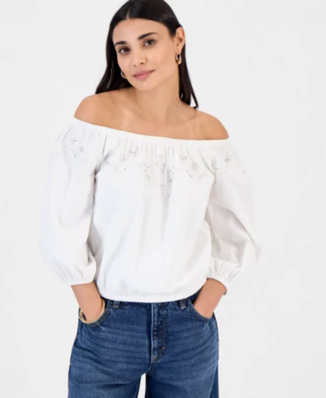 Petite Off-The-Shoulder 3/4-Sleeve Top - Bright White
