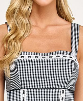 Juniors' Gingham Ribbon Trim and Smocked Back Square Neck Dress