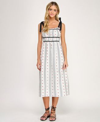 Juniors' Embroidered Floral Stripe With Tie Shoulders Dress