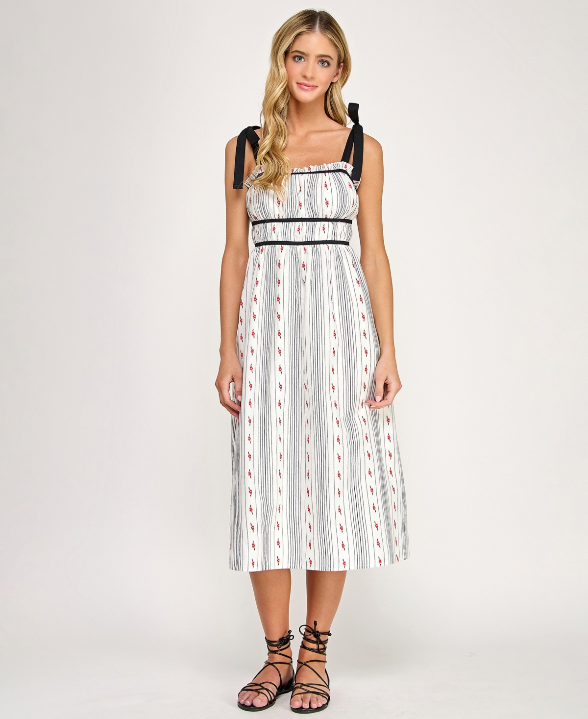 Seni & Cade Juniors' Embroidered Floral Stripe With Tie Shoulders Dress