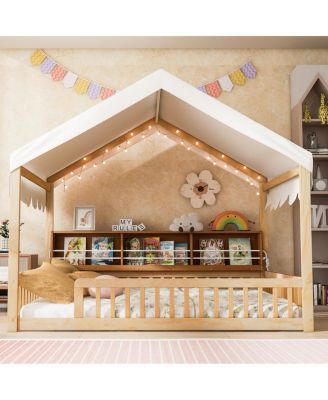 Wooden House Daybed with Fence, Storage, Curtain & LED