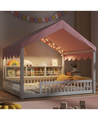 Wooden House Daybed with Fence, Storage, Curtain & LED