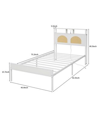 Twin Bed Frame with Headboard, LED & Charging Station, Rattan Headboard