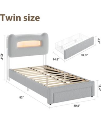 Upholstered Twin Bed Frame with Headboard, 2-Tier Storage, Charging Station & Drawer, Metal Platform, No Box Spring Needed