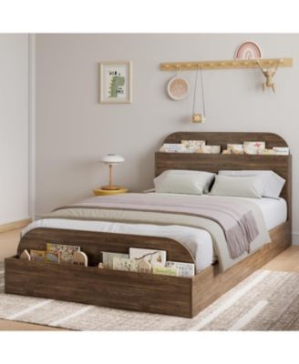 Wooden Bed Frame with Storage Headboard & Raised Footboard, Low Platform Design, Sturdy Slats Support