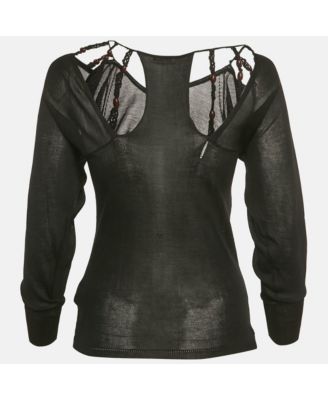 Women's Black Silk Knit Sheer Long Sleeve Top