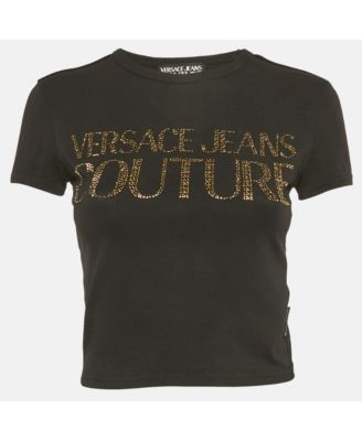 Women's Jeans Couture Black Logo Studded Cotton Knit Crop T-Shirt