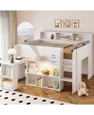  Wood Full Size Loft bed with Multiple Storage Shelves, Desk and LED