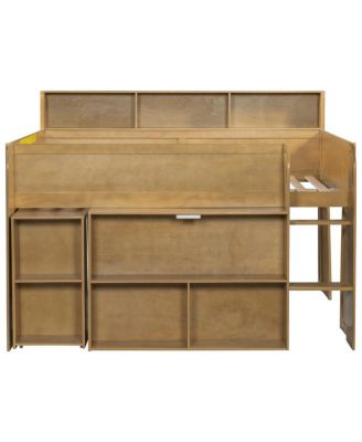  Wood Full Size Loft bed with Multiple Storage Shelves, Desk and LED