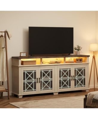 Farmhouse TV Stand for 81 Inch, Mid Century Modern Entertainment Center with LED Lights and Storage, Wooden Media Console Cabinet