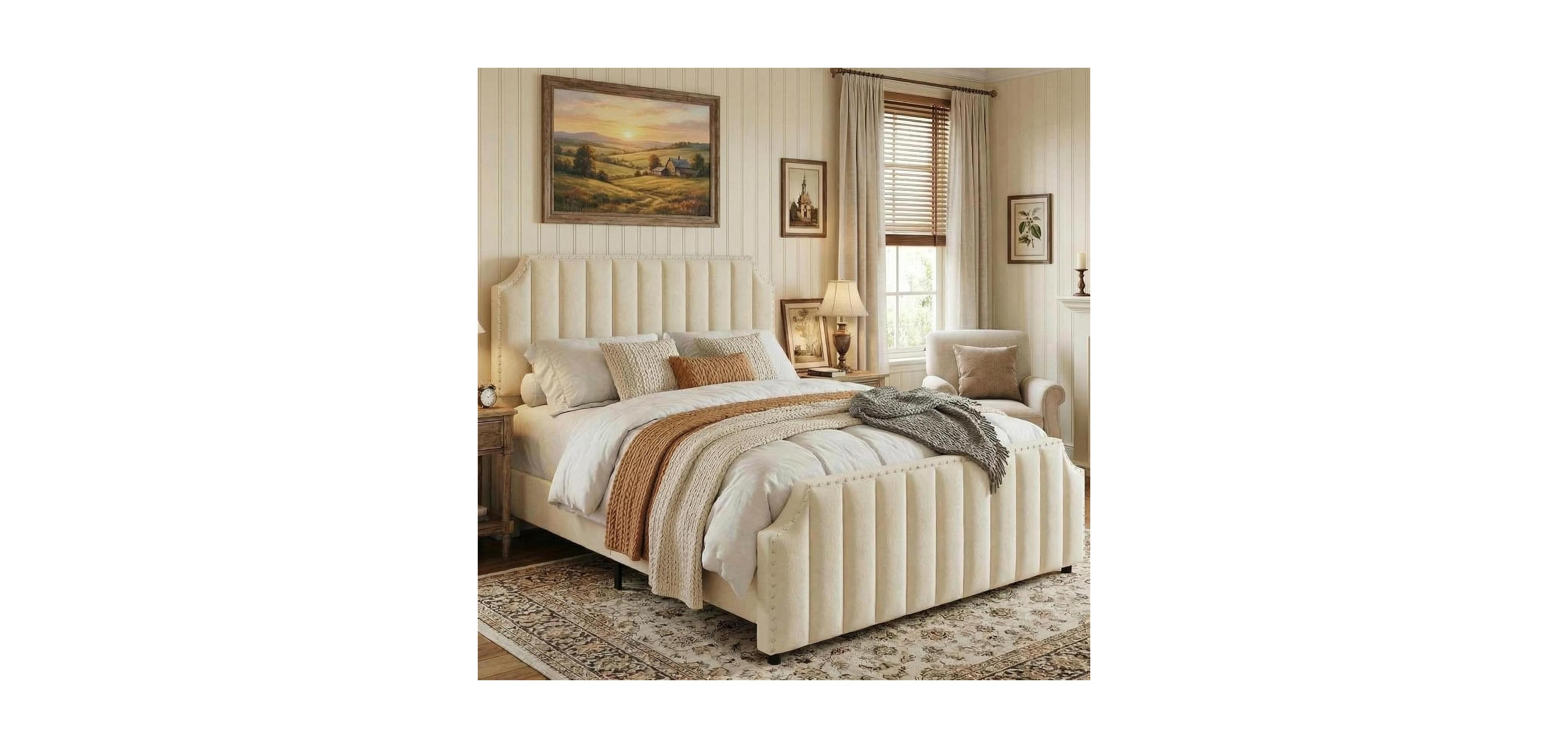 gaomon Upholstered Platform Bed Frame – Vertical Channel Tufted Headboard & Footboard, Wooden Slats, Quiet, Easy Assembly