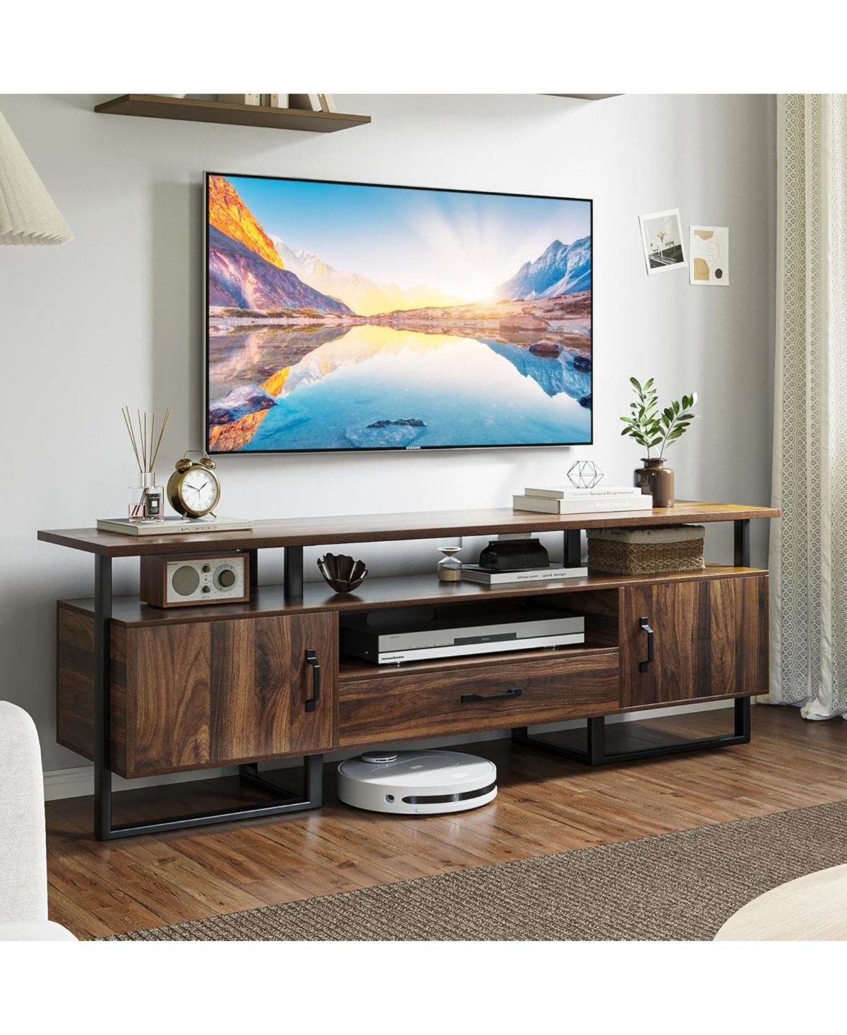 gaomon Mid Century Modern Tv Stand, 75 Inch Entertainment Center with Storage & Drawer, Industrial Console for Living Room, Rustic Brown