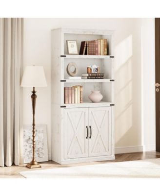 Farmhouse Bookcase with Doors, 5-Tier 70" Tall Bookshelf with Storage Cabinet for Living Room, White