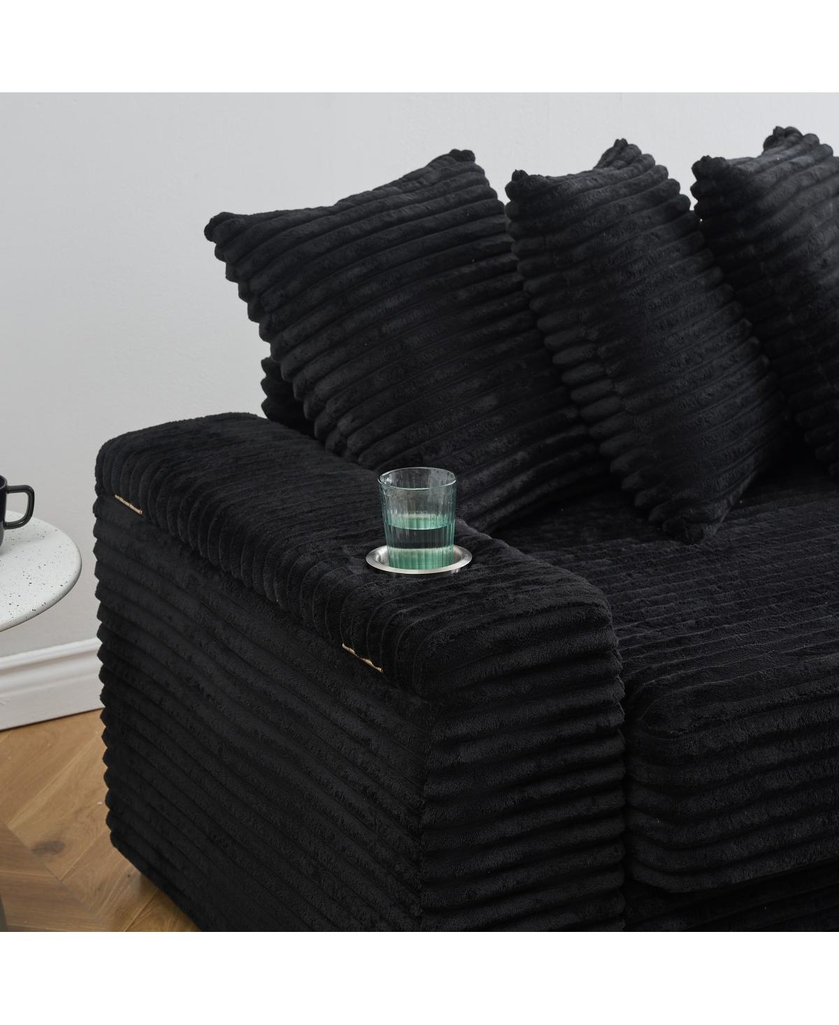 Streamdale Furniture corduroy sofa with cup holder, storage, and reversible recliner.