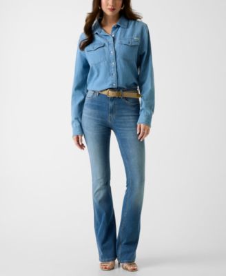 Women's Long-Sleeve Collared Denim Shirt
