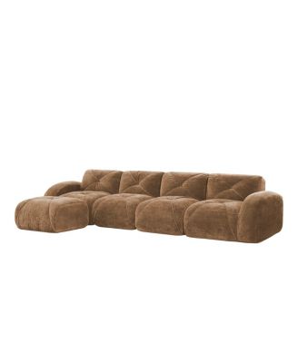 L-shaped Velvet Tufted Sofa with Movable Ottoman, Camel