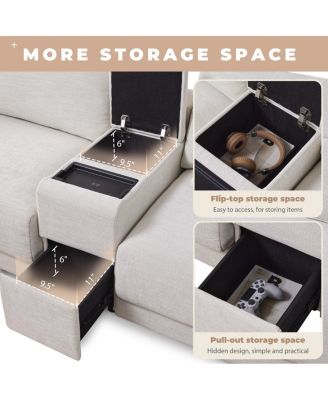 L-Shaped Sectional Sofa with Storage Console, Charger, Ottoman, Wider Cushion