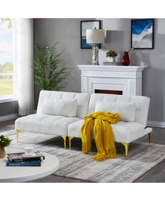 Convertible sofa bed futon with gold metal legs teddy fabric
