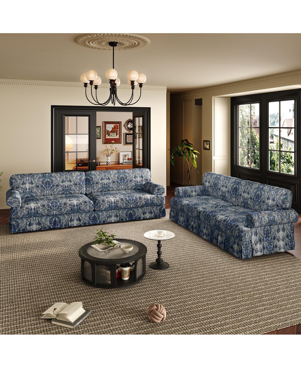 Streamdale Furniture 74" 3-Seater Cloud Couch, Oxford Fabric Sofa with Rolled Arms & Skirt, Blue Floral