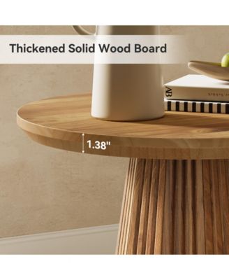  Solid Wood End Table, 19" Small Round Pedestal Side Table with Fluted Base, Farmhouse Bedside Table for Living Room, Small Space