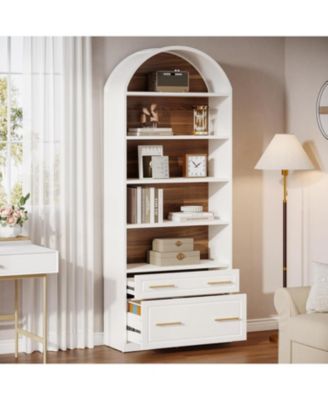 76.8" Tall Arched Bookcase Set of 2, 5-Tier Bookshelf with File Cabinet Drawer, Modern Freestanding Wooden Bookshelves, Storage Shelves