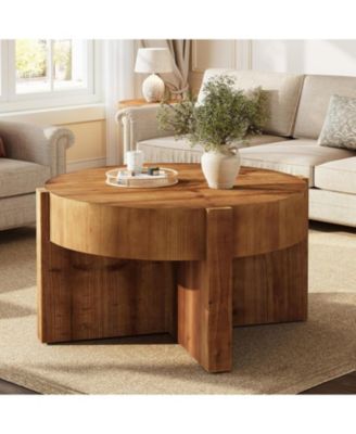 Round Solid Wood Coffee Table, 31.5" Farmhouse Center Table with Thick Tabletop and X-Shaped Legs for Living Room, Easy Assembly