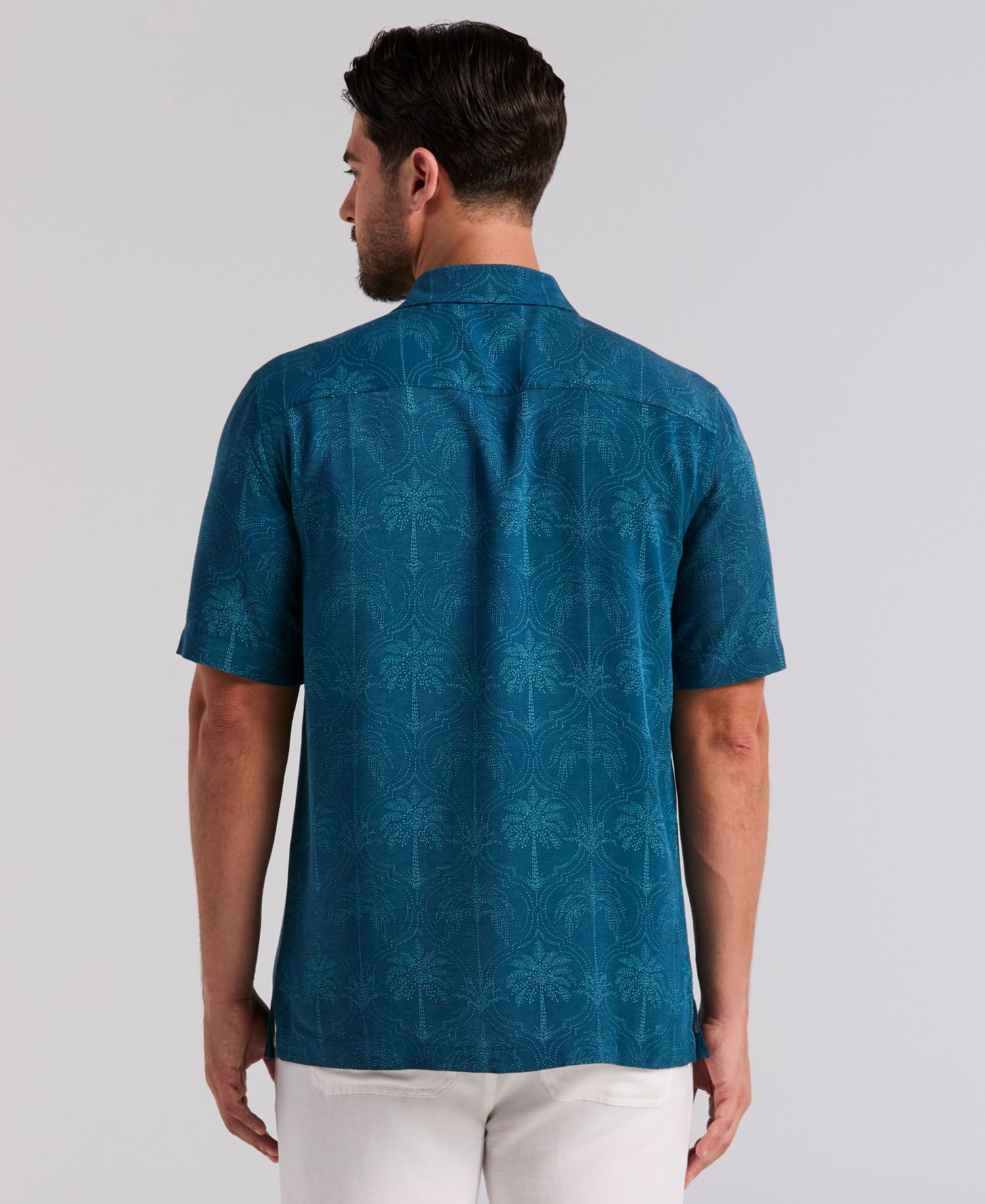 Men's Medallion Palm Print Short-Sleeve Button-Down Shirt