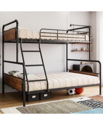 Bunk Beds Twin Over Full Size, Heavy Duty Metal Bunk Bed with Safety Guardrails, Angled Ladder, Under-Bed Storage