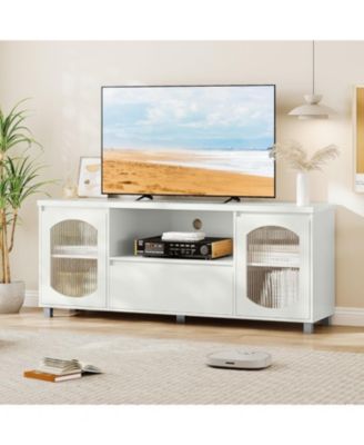 Modern TV Stand for 65 Inch TV, TV Cabinet with Fluted Glass Door and Open Shelve, White TV Entertainment Center with Storage